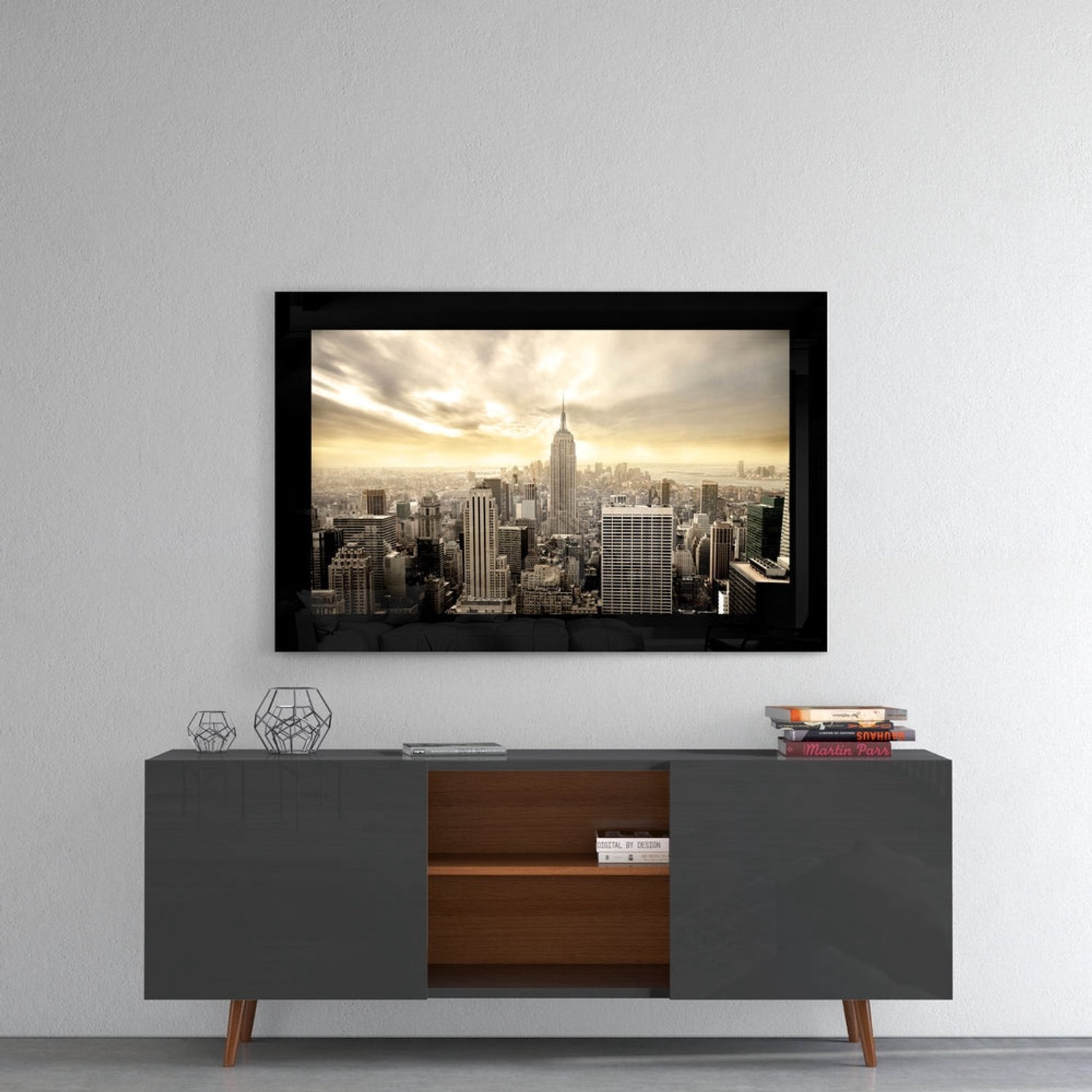 Glasschilderij – Sepia Zonnestraal en Skyline van New York – Kunstzinnige Wanddecoratie