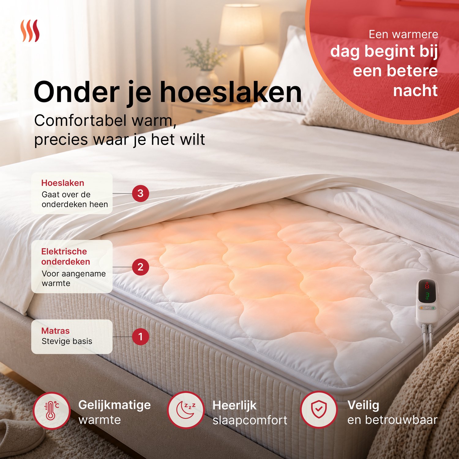 Seranova Elektrische Onderdeken XL - 190 x 90 cm - 1 Persoons Warmtedeken - met Hoekelastieken - Verwarmingsdeken - 3 Warmtestanden - met Timer - Wit – foto 6
