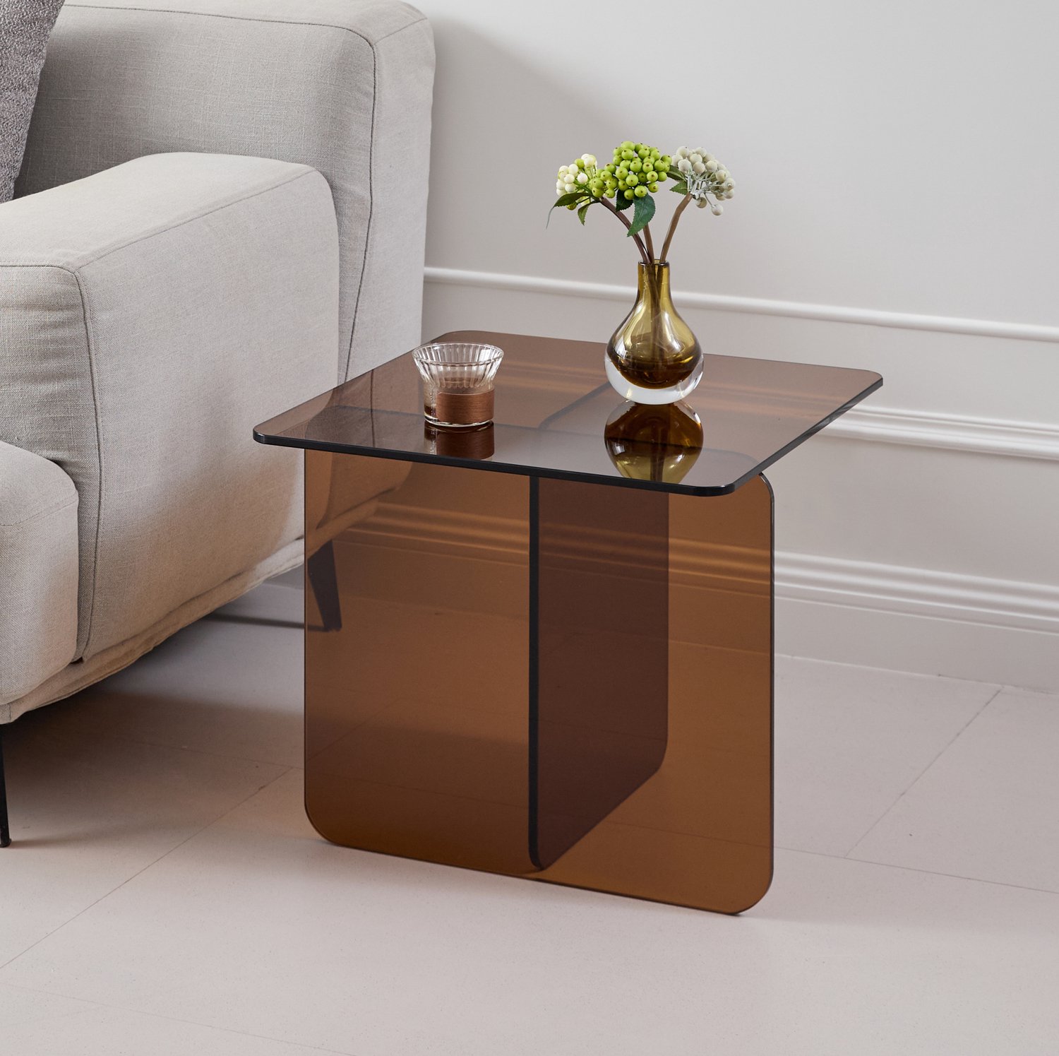 CHICFURN Bijzettafel - veelzijdig - gebogen glas - bruin