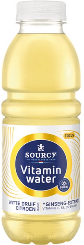 Bouteille d'eau vitaminée Sourcy au raisin blanc et citron, 0% sucre, focus avec extrait de ginseng et vitamines.