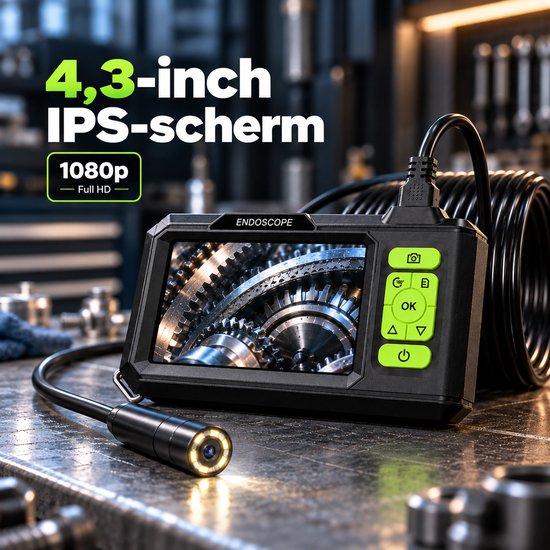 Endoscoop met 4,3-inch IPS-scherm in 1080p Full HD kwaliteit met 8 mm camerakop.