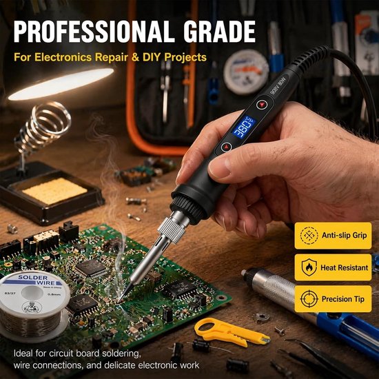 Professionele Solder Set met LED Display, Verstelbare Temperatuur voor Elektronica Reparaties, Inclusief 5 Tips, 50g Lood en Desoldering Pomp — afbeelding 2