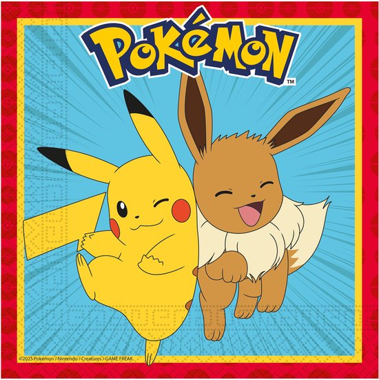 Serviette en papier carrée Pokémon avec Pikachu et Évoli sur fond bleu et bordure rouge avec des Pokéballs.