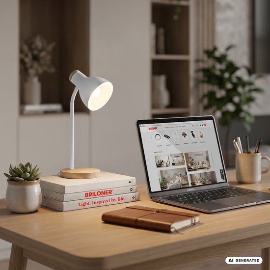 Witte bureaulamp naast Briloner website op laptop op een houten bureau.