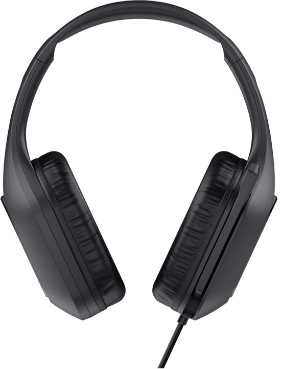 Zwarte Trust GXT 415 Zirox gamingheadset met zachte oorkussens, van voren gezien op een witte achtergrond.