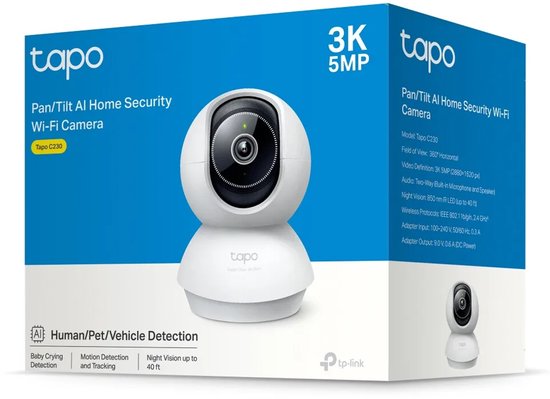 Verpakking voor Tapo C230 3K 5MP pan/tilt wifi-beveiligingscamera met specificaties en functies.