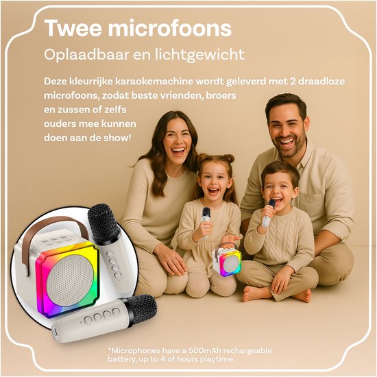 Karaoke Set voor Kinderen met Bluetooth Speaker van MMOBIEL – Met 2 Draadloze Microfoons, LED-verlichting, Geluidseffecten – Feest, Cadeau voor Meisje, Jongen, Kinderen 3+ jaar – Beige — afbeelding 5