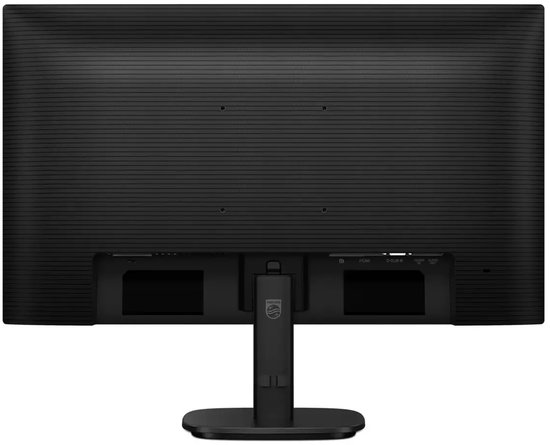 Achterkant van de zwarte Philips-monitor met standaard.