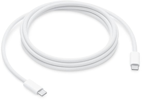 Opgerolde witte USB-C naar USB-C oplaadkabel van 2 meter met een geweven textuur.