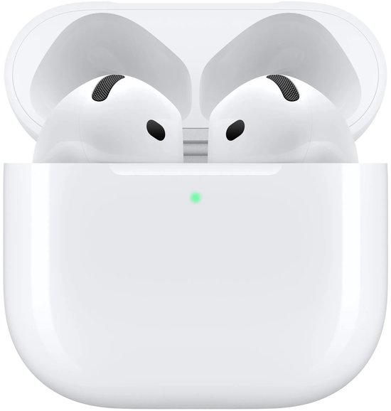 Witte oplaadcase voor AirPods met geopende klep en oortjes erin; statuslampje brandt groen.