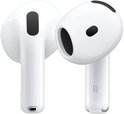 Twee witte AirPods met zwarte roosters en een 'R' markering op de rechteroortelefoon.