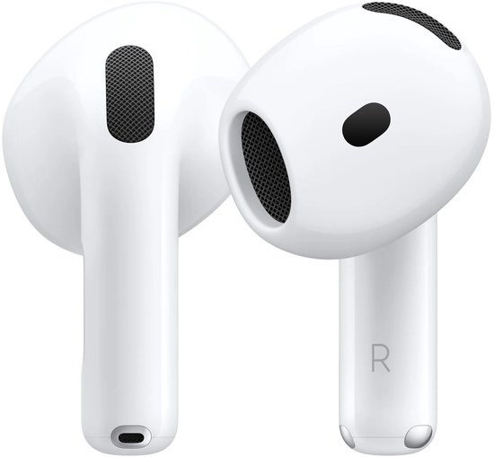 Twee witte AirPods met zwarte roosters en een 'R' markering op de rechteroortelefoon.