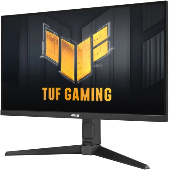 ASUS TUF Gaming-monitor met 27-inch scherm en TUF Gaming-logo in goud op het display.