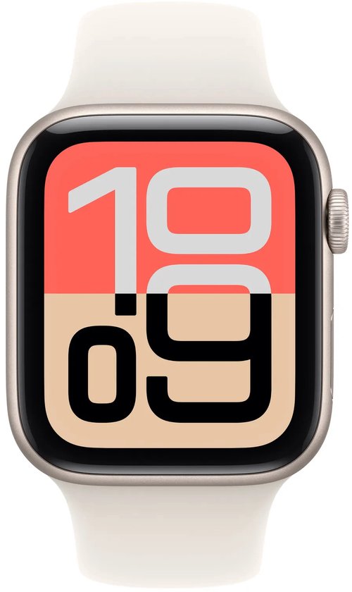 Apple Watch SE vooraanzicht in starlight aluminium met sportbandje en klokweergave '10:09'.