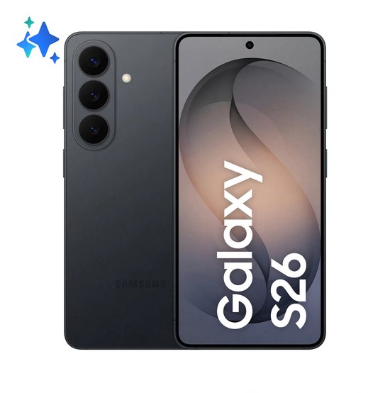Zwarte Galaxy S26 met tekst op het scherm en sterrenicoon in de hoek.
