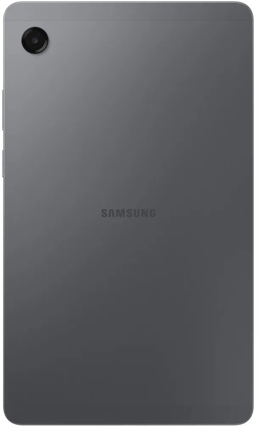 Achterkant van de grijze Samsung tablet met camera rechtsboven en merkopdruk in het midden.