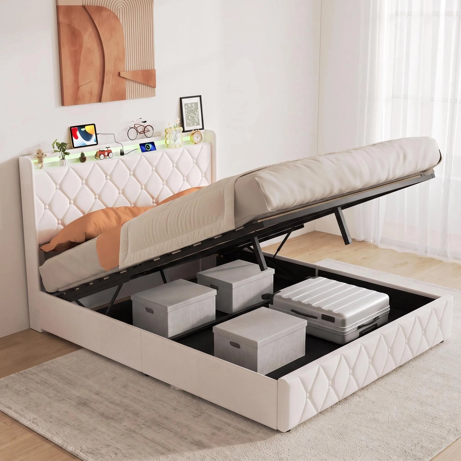 Gestoffeerd bed 160x200 cm met LED & USB-Stopcontacten – Opbergbed Tweepersoonsbed met Opbergruimte en Lattenbodem – Fluweel Beige – Zonder Matras