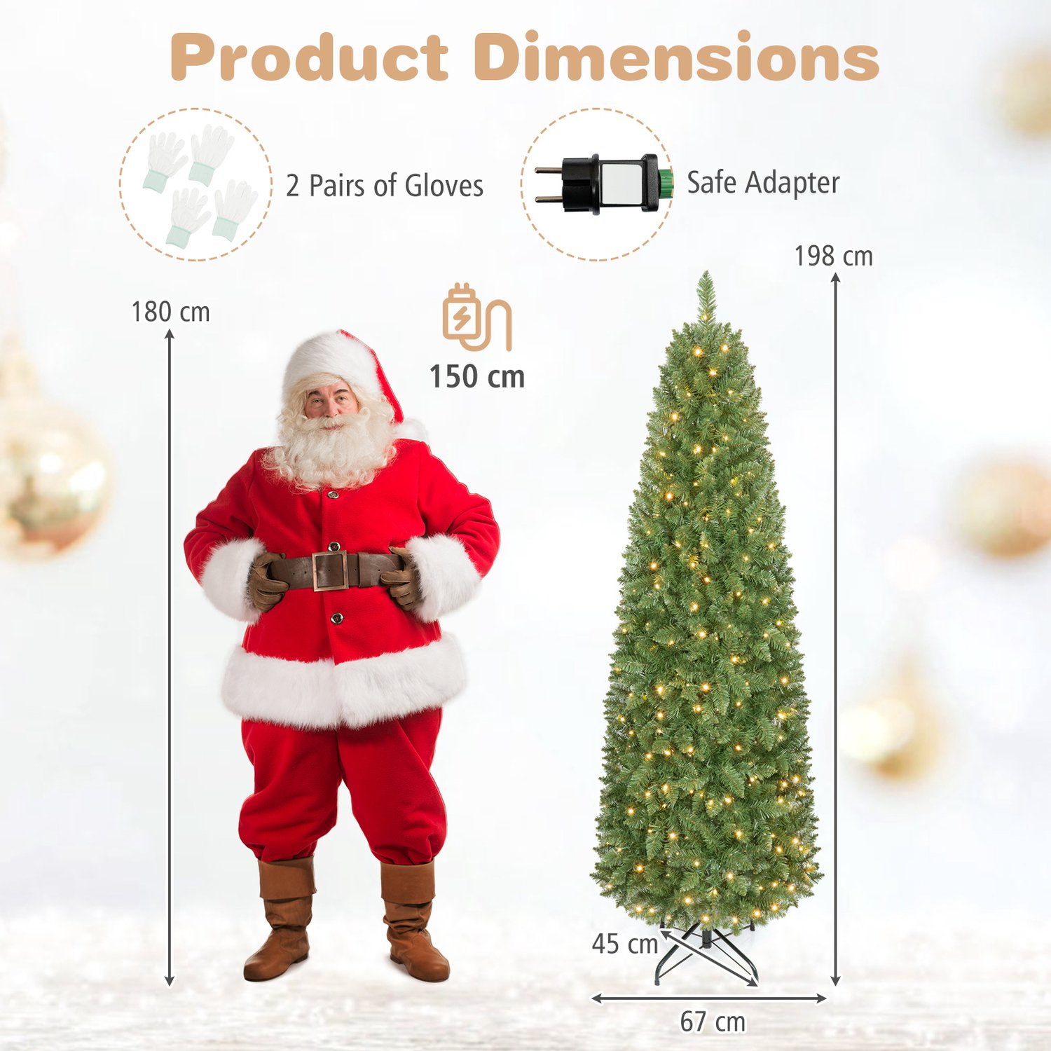 COSTWAY 200 cm Kunstkerstboom smal met verlichting - 708 takken - 250 warmwitte LED-lampjes - Metalen Standaard - Snelle Montage – foto 4