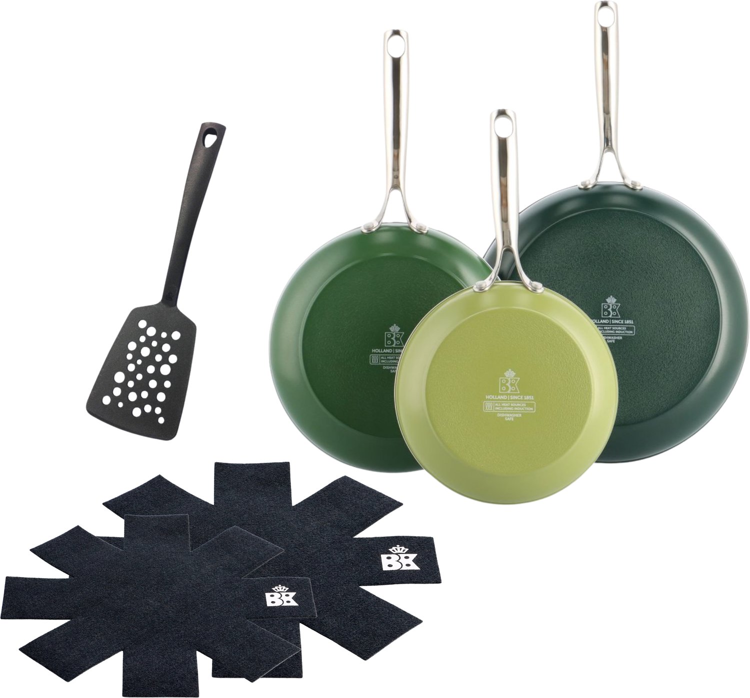 BK Sky Verde 3-delige koekenpannenset 20+24+28cm met nylon spatel en pan protectors