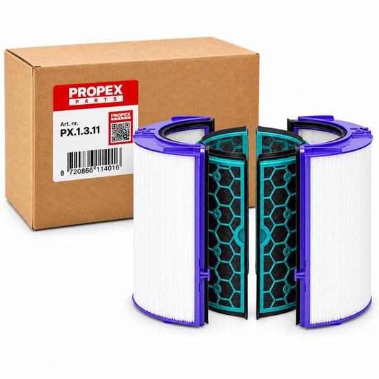 Twee cilindrische luchtreinigerfilters met witte plooien, paarse frames en zwarte honingraatfilters voor Propex PX.1.3.11.