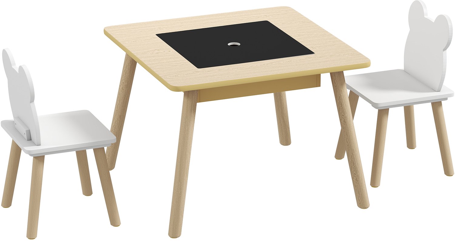 Playon Kindertafel en tekentafel 3-in-1 met 2 kinderstoelen - Inclusief opbergruimte - 60 x 60 x 44 cm - Natuurlijk hout/Wit