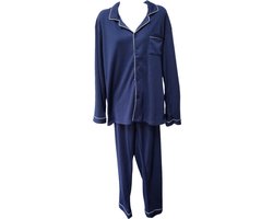 Unisex Thermo Pyjamaset – Ultiem Comfort & Warmte – Donkerblauw met Elegante Witte Biezen - Heren maat L - Dames maat XL - Cadeau/Kerst