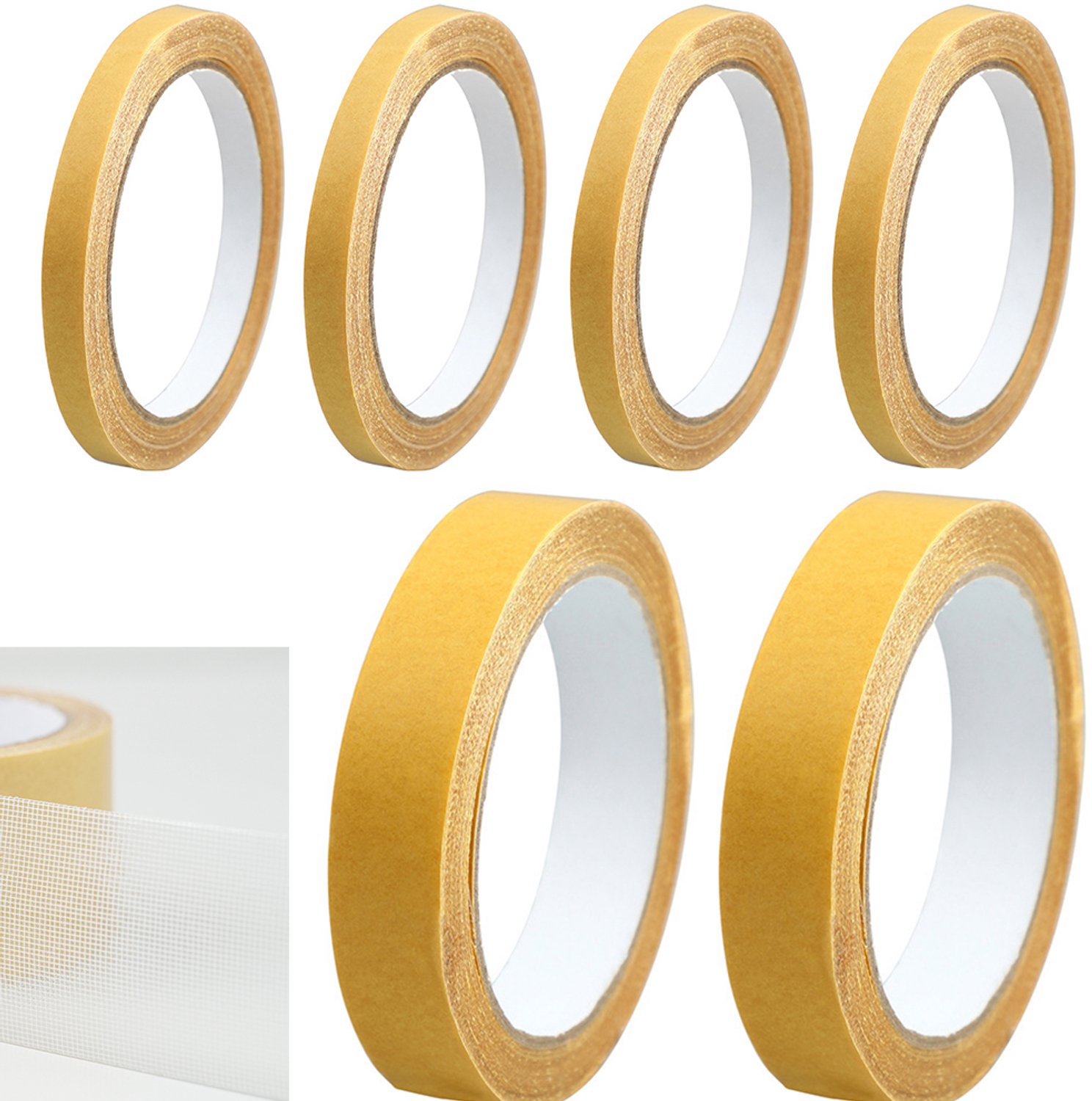 6 rollen - Dubbelzijdig plakband - Dubbelzijdige textieltape - extra sterke zoomtape - stoffen plakband - zonder naaien en zonder strijkijze - zoomband om op te strijken - multifunctionele textieltape - van zomen, knutselen en vastzetten