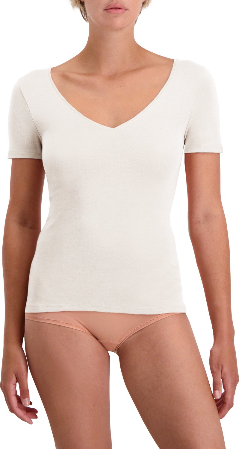 Noshirt Short Sleeve - Merino Wool - Dames Ondershirt - Ecru - Deep V - Maat XS