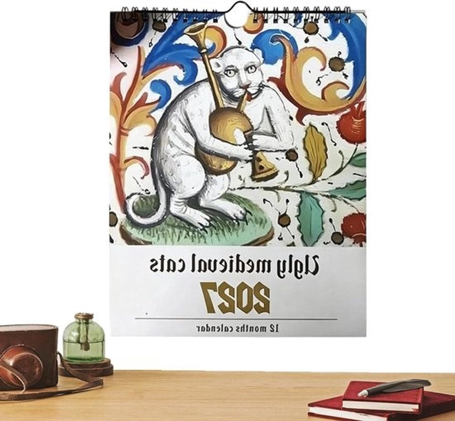 Kattenkalender 2027 - Maandelijkse muurplanner - Het jaar plannen - Middeleeuwse kattenillustraties - 28x21 cm - Multicolor