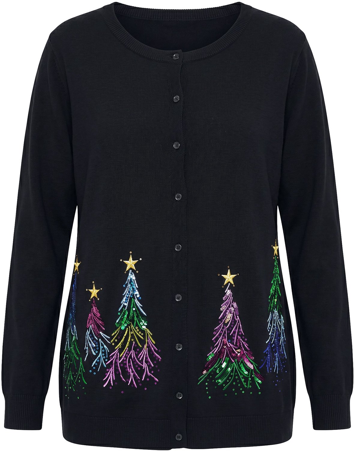 Ulla Popken - Dames - Kerstvest kerstbomen ronde hals lange mouwen - Zwart - Maat 54+