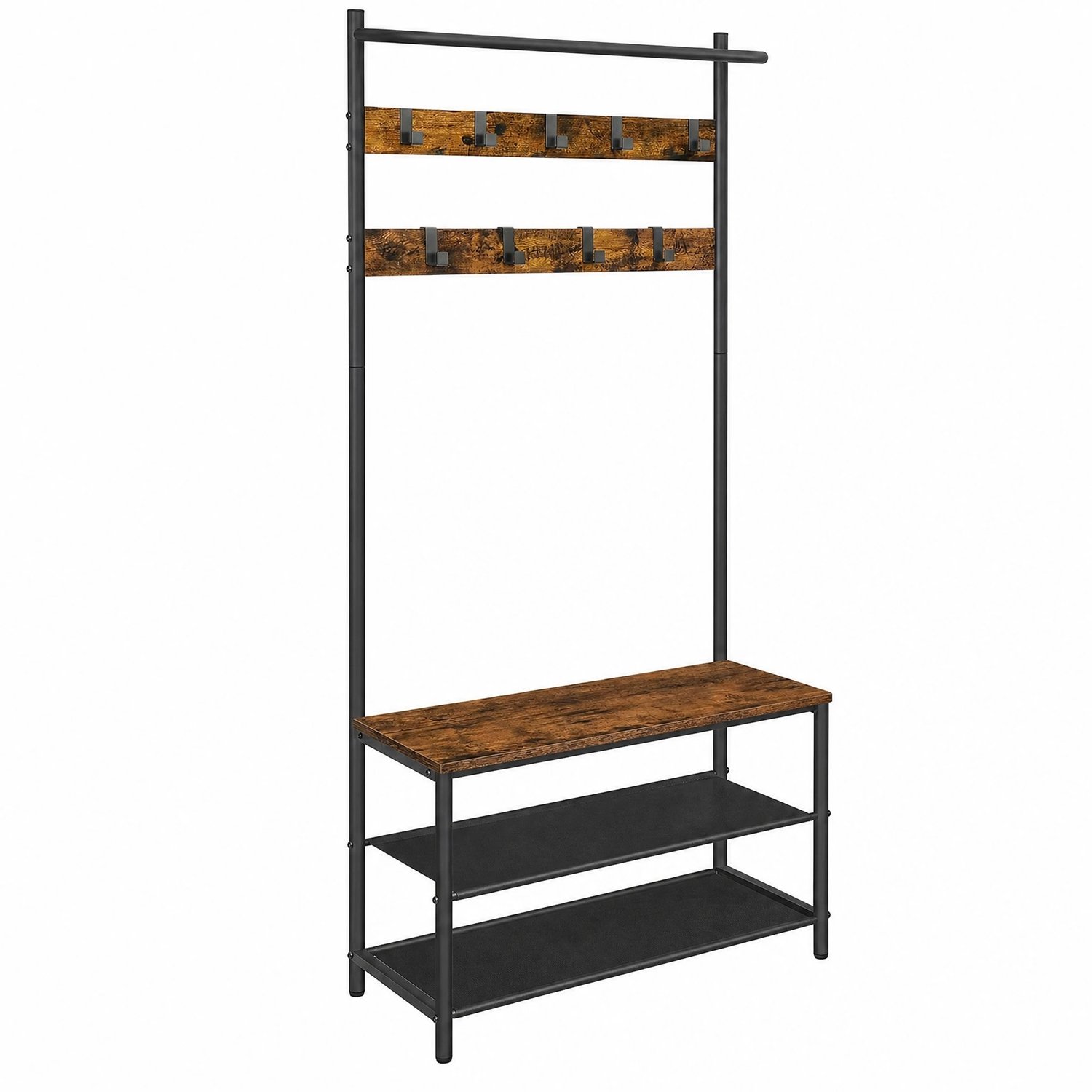 Saska kapstok - kapstok met schoenenbank - kledingrek - schoenenrek - 9 afneembare haken - spaanplaat - staal - vintagebruin - zwart - 64x32,2x180 cm