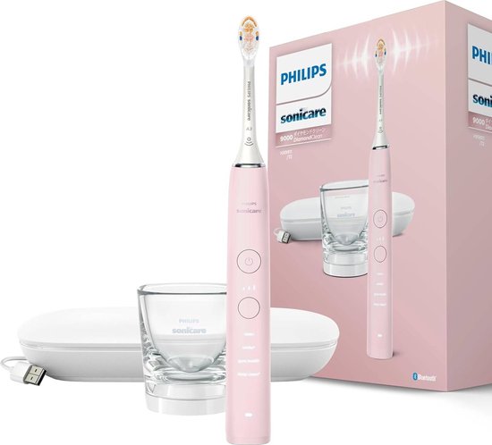 Roze Philips Sonicare 9000 DiamondClean tandenborstel, oplaadglas, reisetui en verpakking.