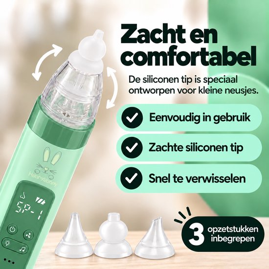 Hunnybunny - Elektrische Neusreiniger Baby - 3 Krachtige Zuigstanden - Gekleurde Verlichting - Inclusief 4-delig Verzorgingssetje — afbeelding 4