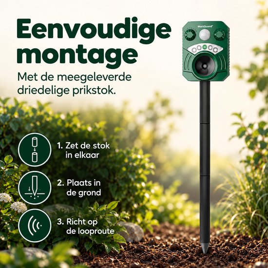 Instructie voor eenvoudige montage van de MartGuard verjager op een driedelige prikstok.