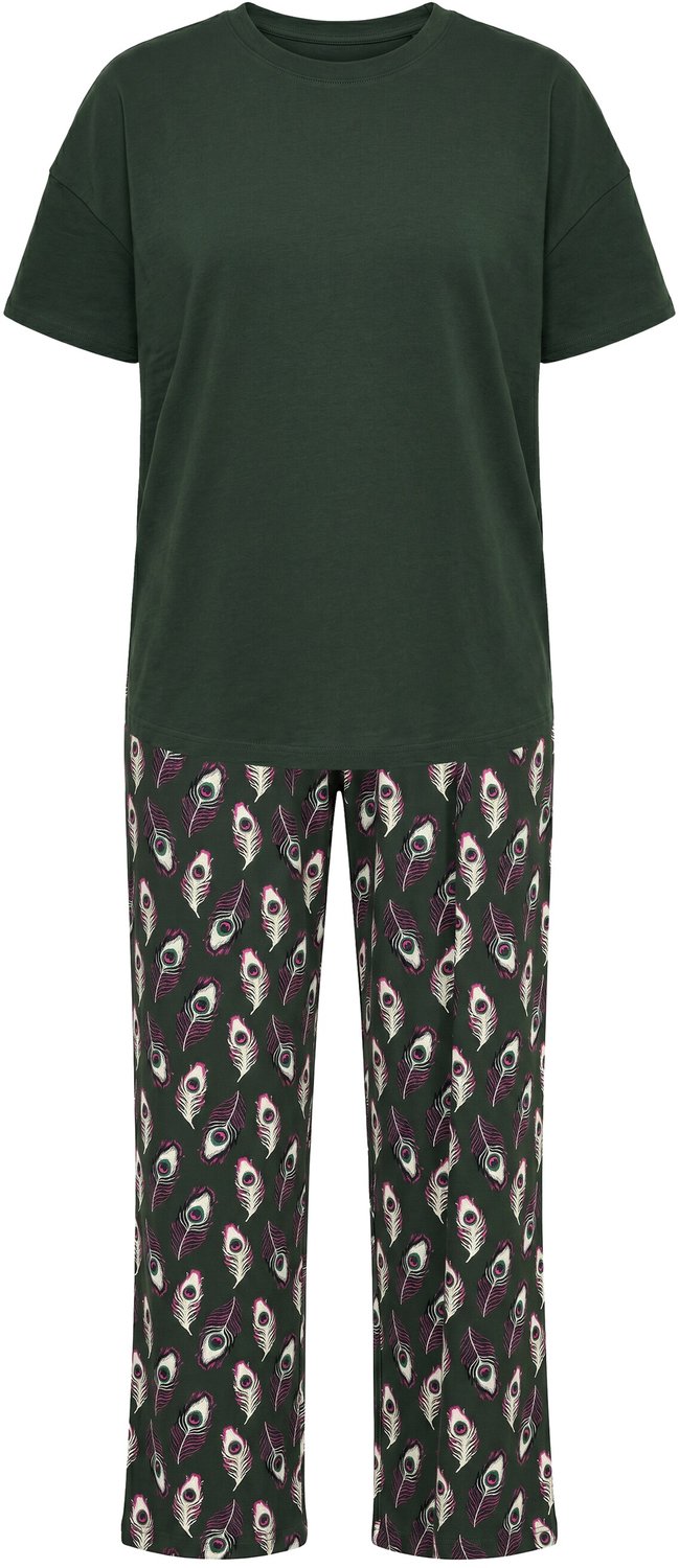 Studio Untold Dames - Pyjama tweedelig effen shirt lange broek met print - Donkerolijf - Maat 42+