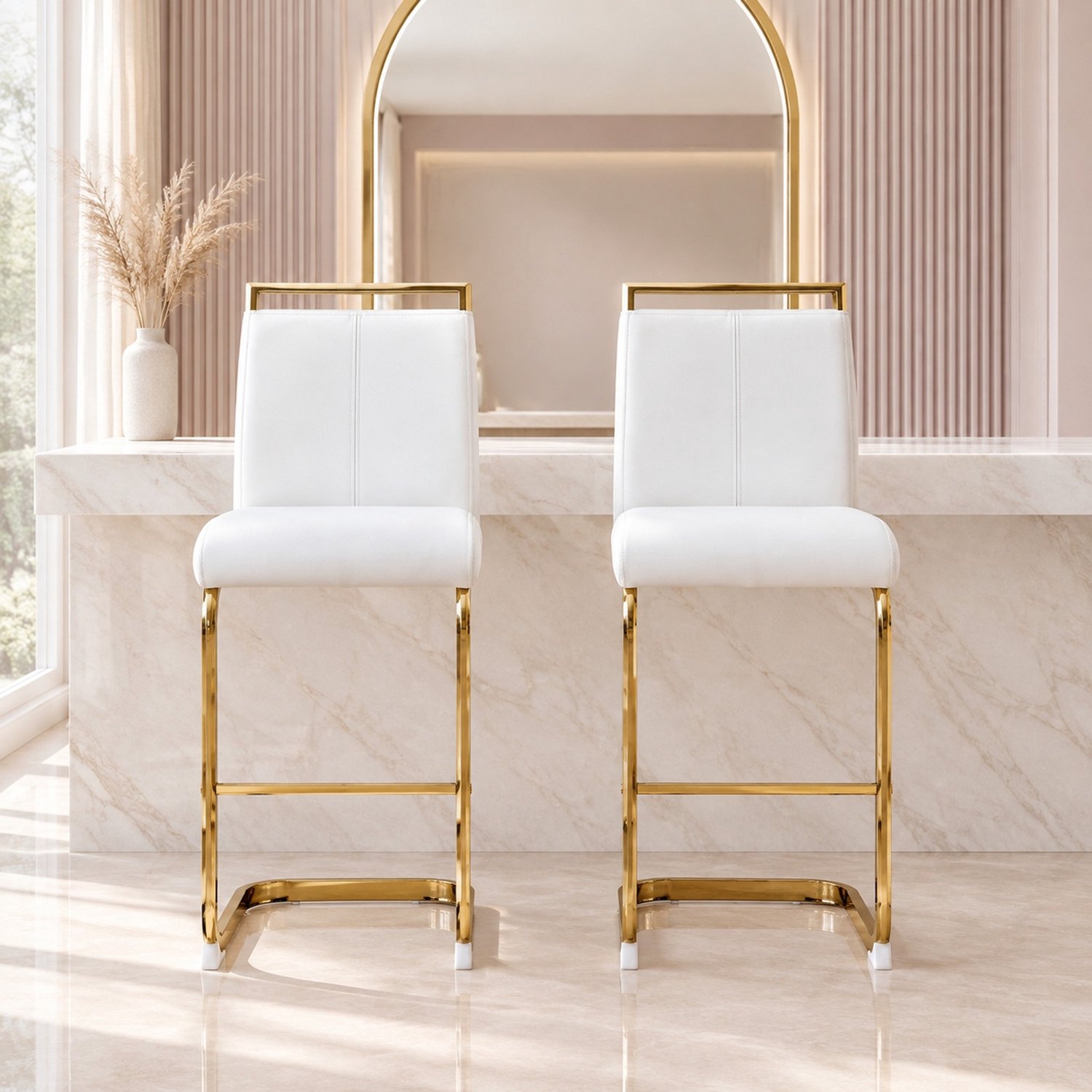 CHICFURN Barkruk - Set van 2 - Rugleuning - Metalen poten - Wit en goud