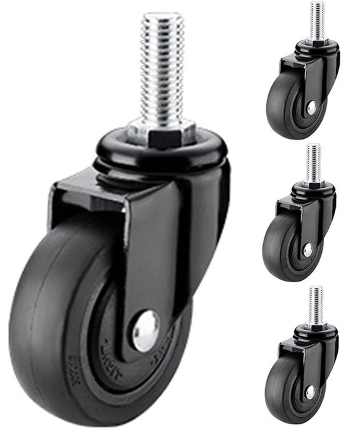 Set van 4 Zwenkwielen met Schroefdraad en Rem - Zwarte rubberen meubelwielen (Ø32-50mm)