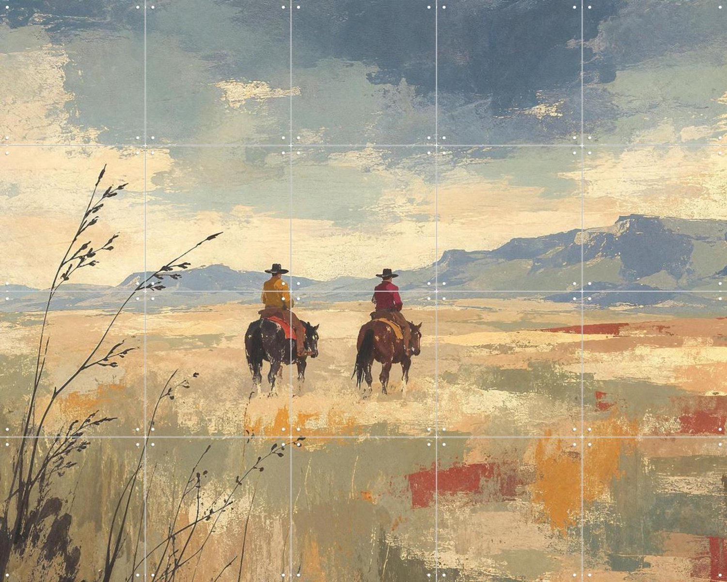 IXXI Cowboys te Paard op een Uitgestrekte Woestijnvlakte, Natalie Bruns - 100 x 80 cm - Grote wanddecoratie en posters - Naturalisme, Kwaststreken Blauw / Bruin