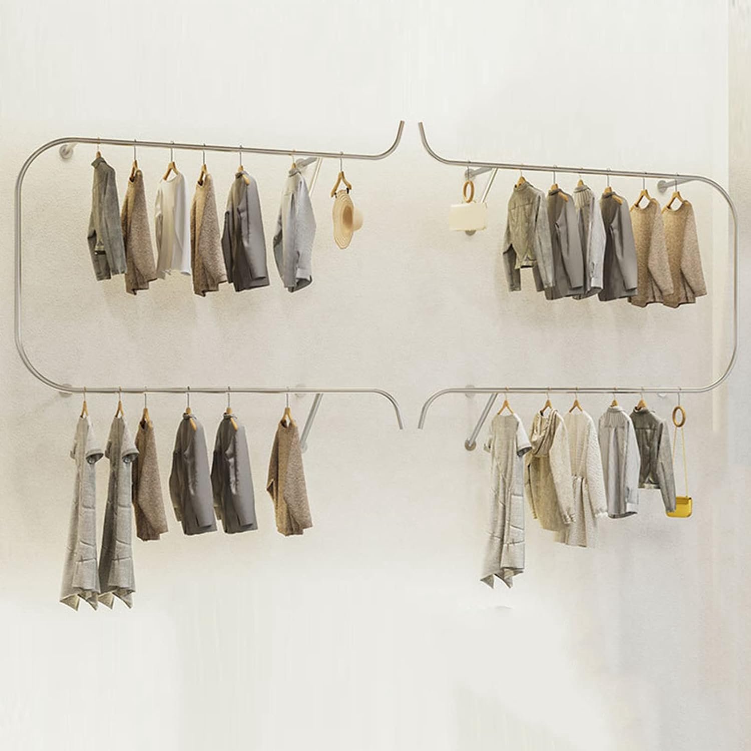 Luxe Industriële Wandkledingstang en Kledingrek op Wandmontage – Zwaar Belastbaar Metalen Buizen Garderobesysteem met Nano-Gouden Coating voor Retail Boetiek, Kledingwinkel, Inloopkast en Wasruimte