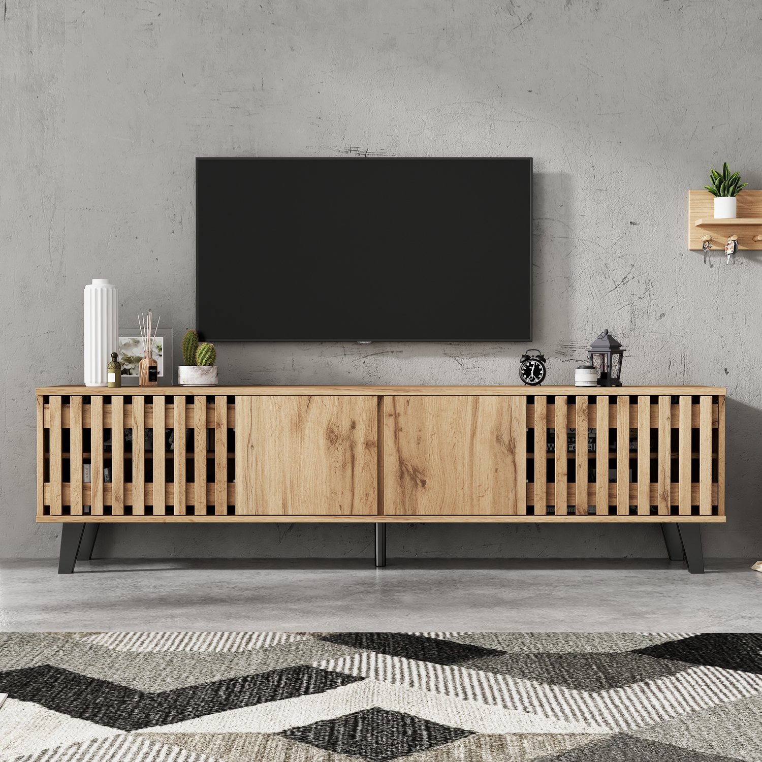 Welltin Tv-meubel voor televisie tot 70 inch - tv-meubel 180 x 40 x 55 cm - 8 opbergvakken - 4 deuren - naturel houtkleur – woonkamer Natuurlijk hout