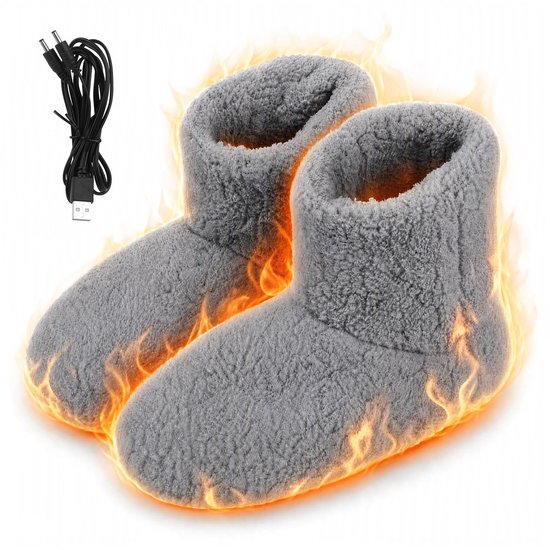 Grijze pluche verwarmde pantoffels met bijgeleverde USB-kabel, afgebeeld met een warmte-effect.