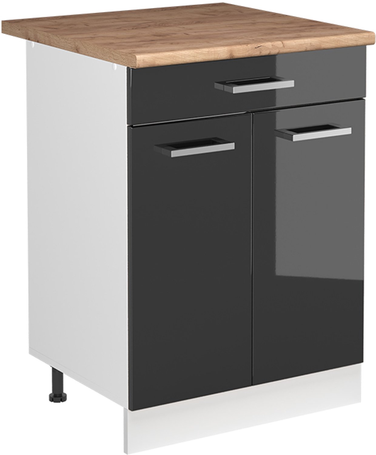 Vicco Wastafelkast R-Line, Antraciet Hoogglans/Wit, 60 cm goudkleurig eiken werkblad