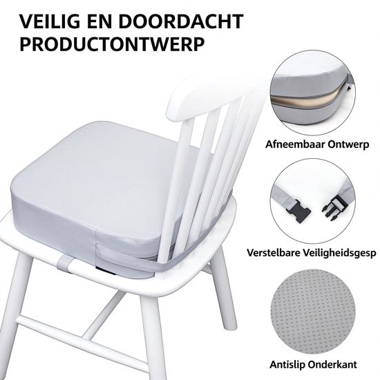 Zitverhoger voor Kinderen op Eetkamerstoel - 34x34x9 cm Lichtgrijs met Veiligheidsgordels en Wasbare Hoes - Antislip en Waterdicht — afbeelding 5