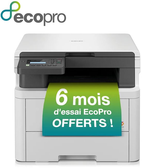Witte Brother kleurenprinter met EcoPro-logo en een groen label: 6 mois d'essai EcoPro OFFERTS!.