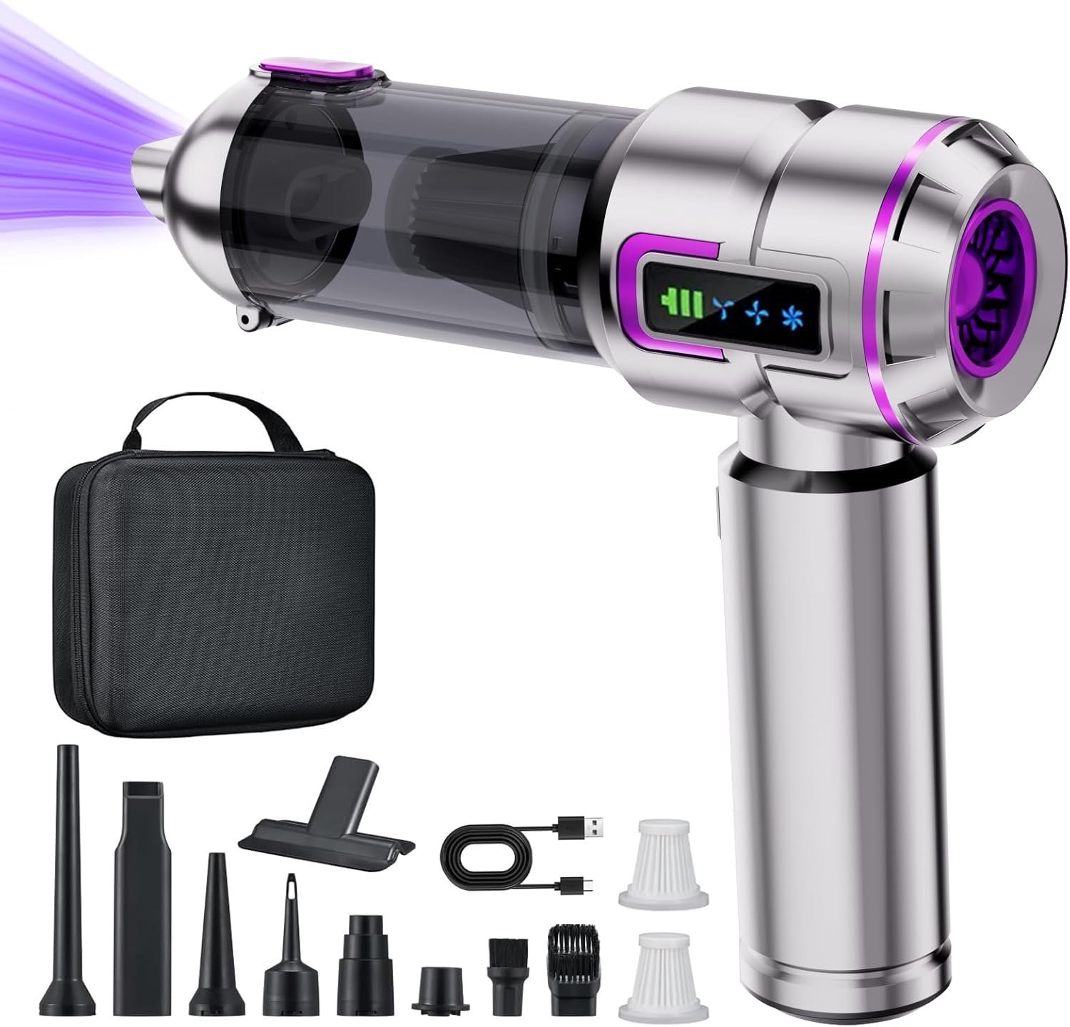 OKWISH Handstofzuiger – Auto Stofzuige – Krachtige Zuigkracht – Auto, Huis En Klein Ruimtes – LCD Scherm – 16 KPa – Kunststof – Zilver+Paars