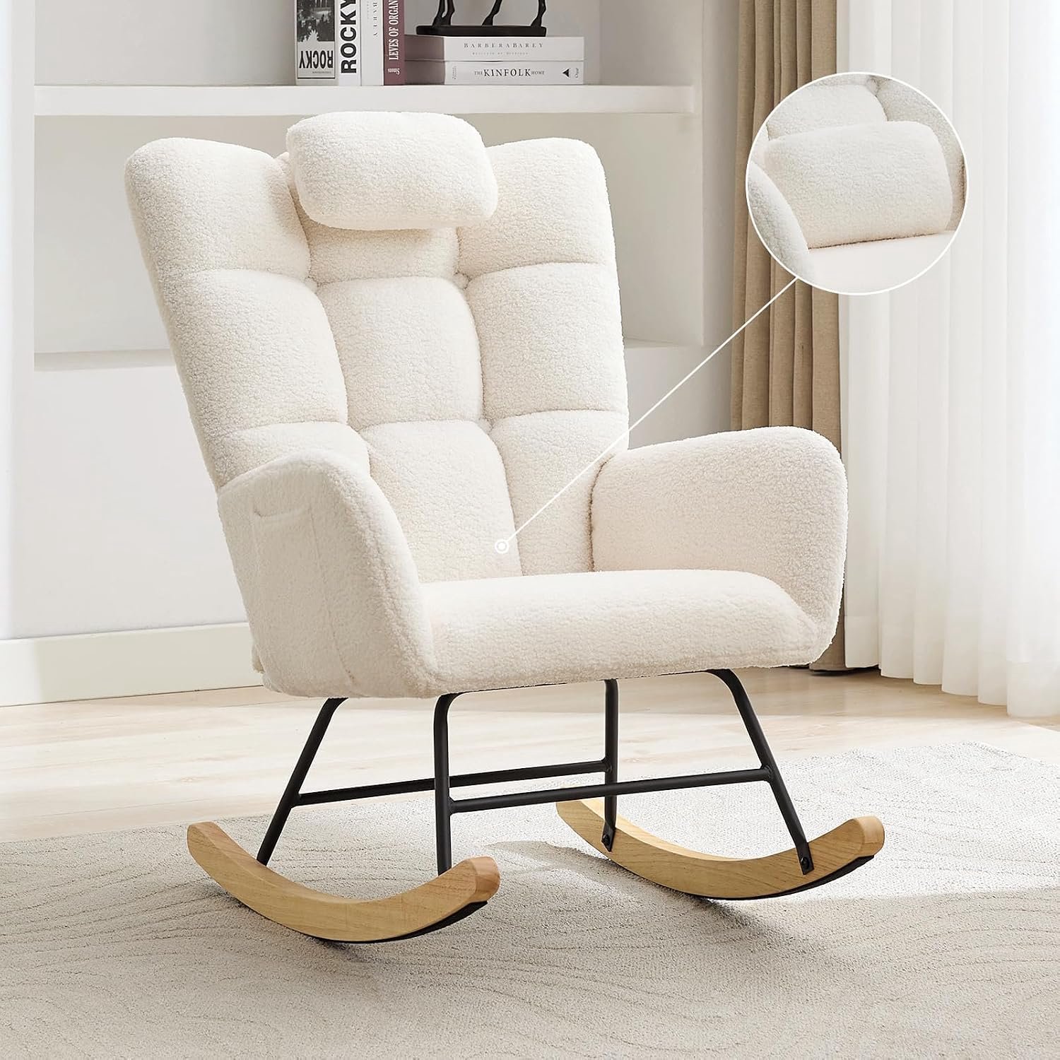 Schommelstoel met hoogleun, teddy stof, hoofdkussen en zijvak – comfortabele schommelfauteuil voor woonkamer, slaapkamer en babykamer, wit