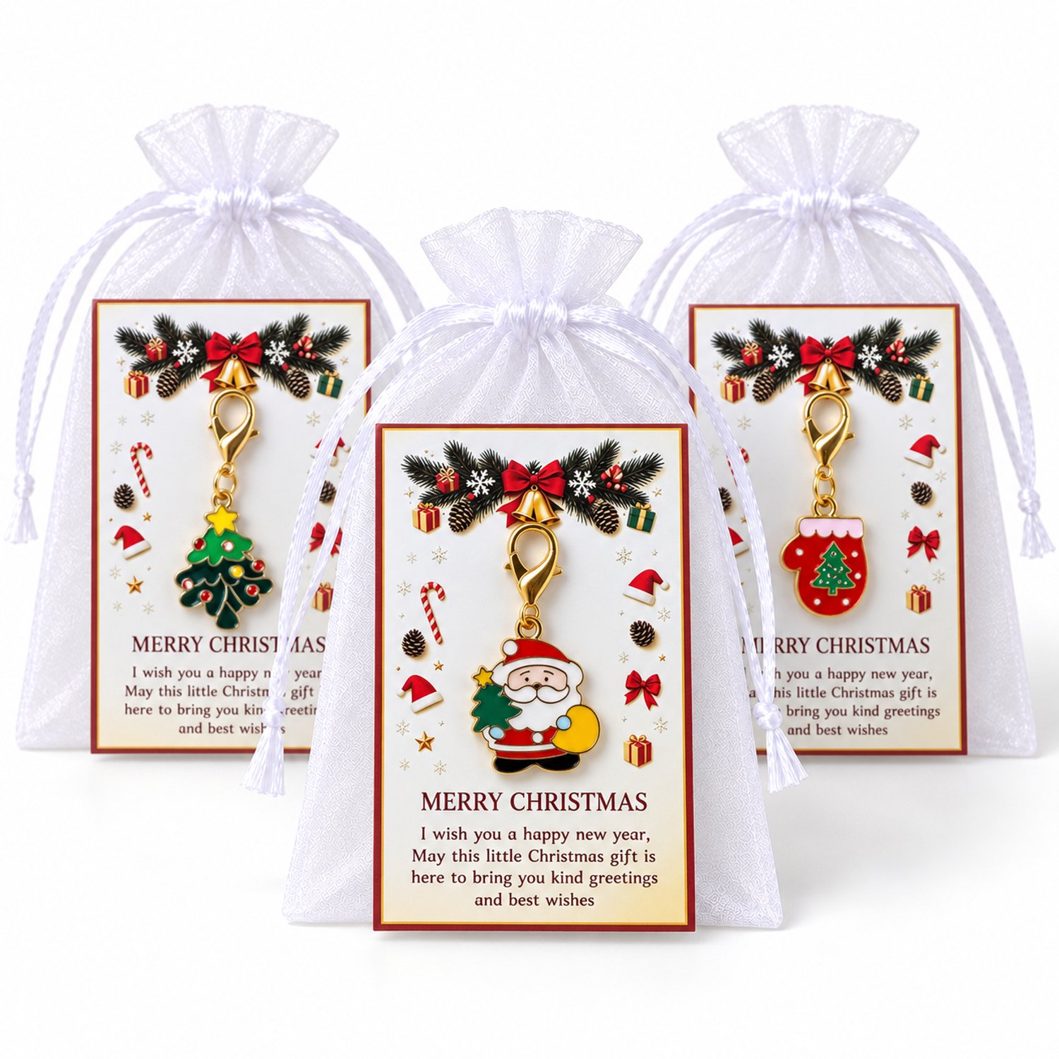 Kerst Sleutelhanger 9 Stuks - Kleine Kerst Cadeautjes met Kaartje & Zakje - Kerstman & Kerstboom - Kasey