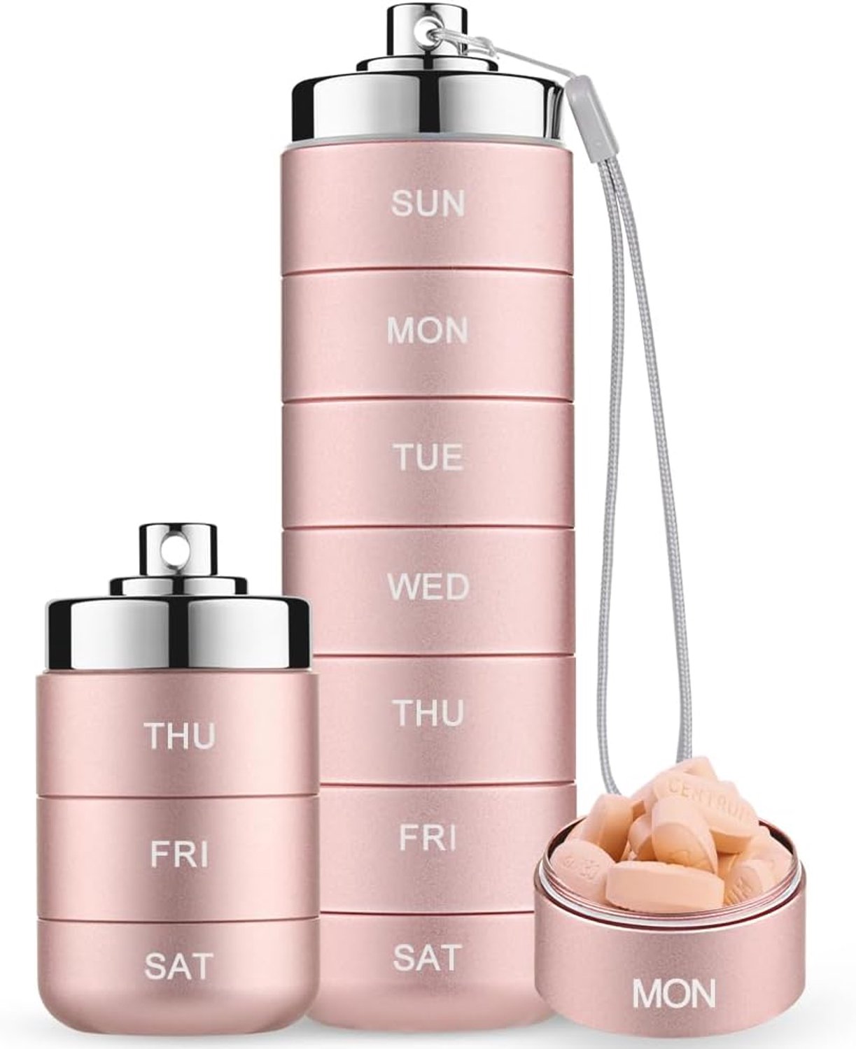 Pillendoos - Stapelbare Waterdichte Metalen Pillenorganizer - 7-daagse Weekbox voor Reizen - Draagbaar met Vakverdeling - Roze Kleur - 1 Stuk