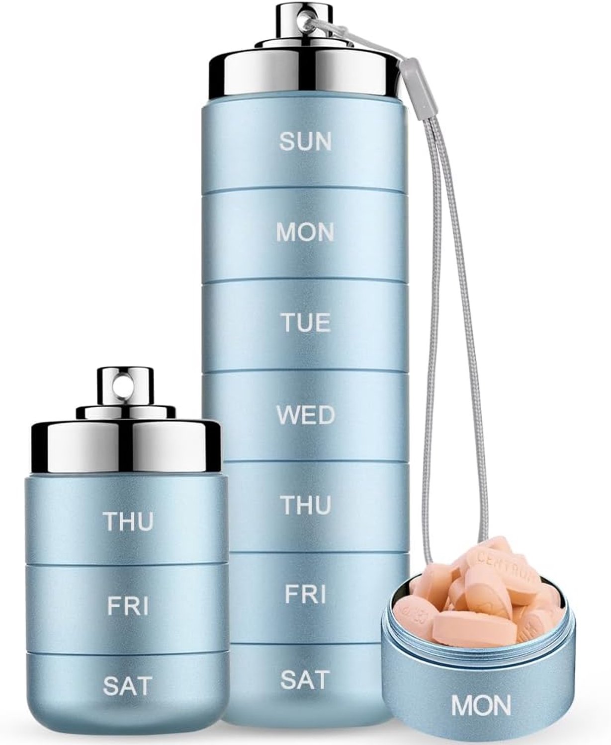 Pillendoos - Stapelbare Waterdichte Metalen Pillenorganizer - 7-daagse Weekbox voor Reizen - Draagbaar met Vakverdeling - Lichtblauwe Kleur - 1 Stuk