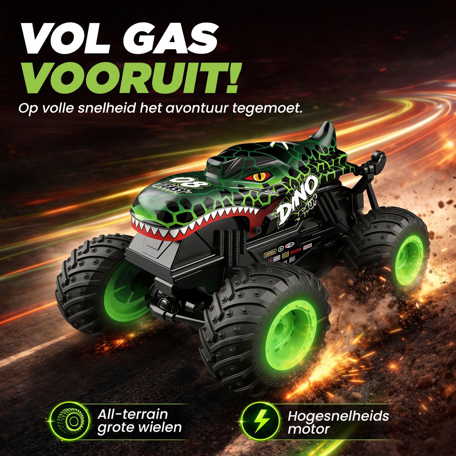 Strolox® Dinosaurus bestuurbare auto – RC stuntauto voor Jongens – afstandsbestuurbare Monster Truck met LED & Geluid – Offroad 4WD – Voor Binnen & Buiten — afbeelding 6